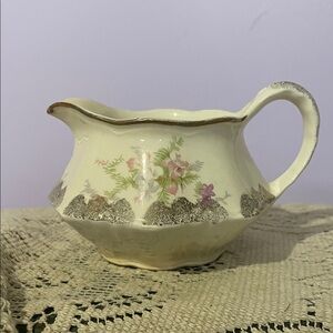 Vintage Floral Ceramic Creamer Pitcher in Cream and Pink Homer Laughlin